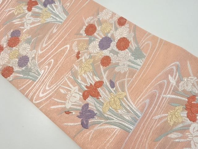 リサイクル　絽流水に菖蒲・菊模様織り出し袋帯